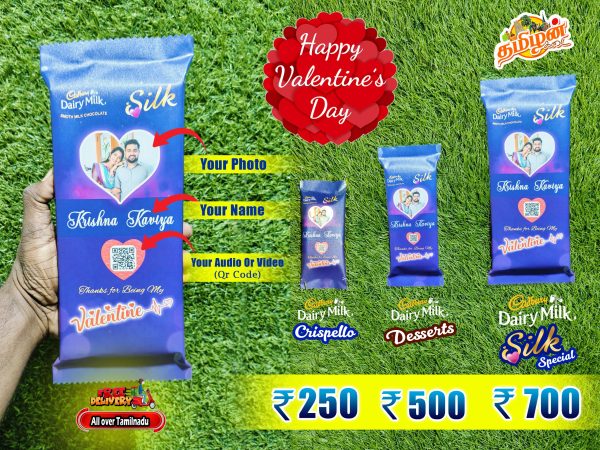 Customized Dairy Milk Chocolate with personalized photo, name, and QR code for Valentine's Day.